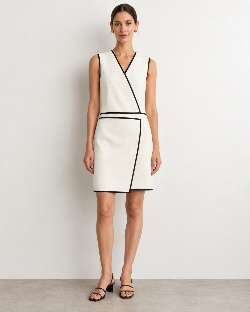 OUI Ivory Black Piped Textured Cotton Wrap Sheath Dress Mod Chic European Sz 14